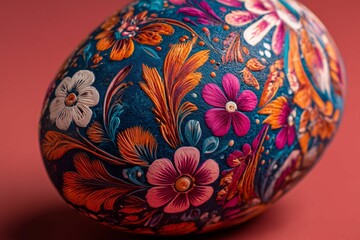 AI-generated illustration of a beautifully painted Easter egg with intricate floral designs