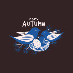 Autumn cozy forest animals folk poster. Vintage blue line autumn card with cute little birds, nest, eggs and text Cozy Autumn. Natural background for sticker, poster, print, badges