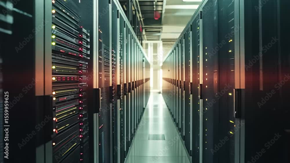Poster modern data center with multiple server racks illuminated by vibrant lights at sunset, modern data c