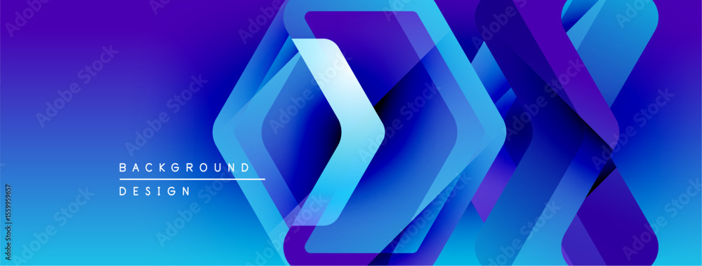 Poster Abstract geometric shapes overlap, creating vibrant blue gradient background. Modern design elements suggest technology, innovation.