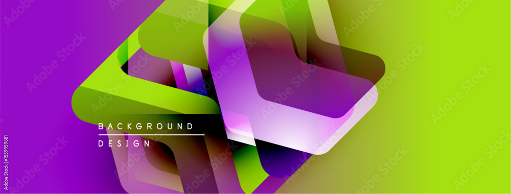 Poster abstract vibrant background. geometric shapes overlap, creating dynamic visual effect. purple, green