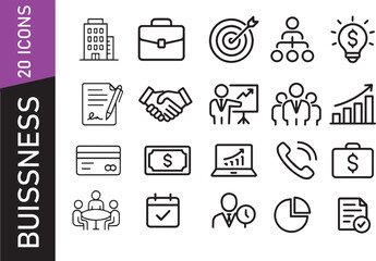 20 Business Line Icons &mdash; Minimal Corporate Outline Symbols for Finance, Marketing, and Office Use