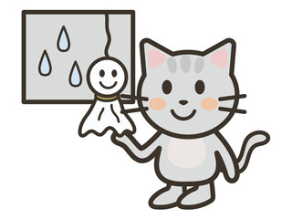 てるてる坊主とかわいい猫ちゃんのイラスト