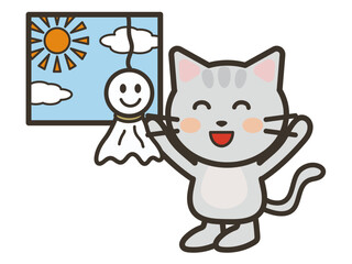 てるてる坊主のおかげで晴れて喜ぶかわいい猫ちゃんのイラスト