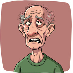 Cartoon depicts an old man with tired eyes, highlighting aging and potential health concerns in an expressive manner.