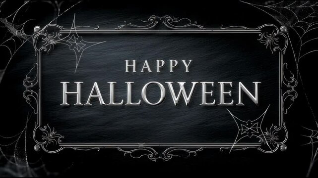 Elegant gothic "Happy Halloween" greeting in silver calligraphy on black slate background with ornate frame and spider webs.
