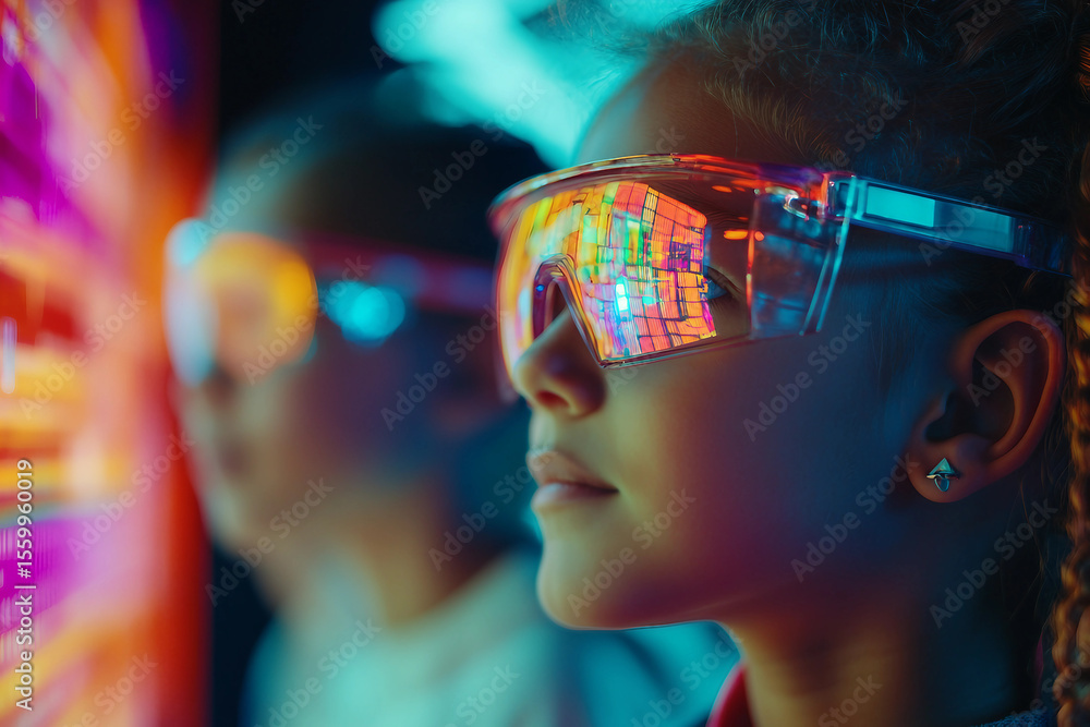 Poster child exploring futuristic digital interface with glowing holograms and colorful data screens, gener