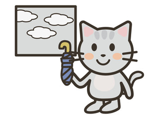 雨が降りそうなので折り畳み傘を用意するかわいい猫ちゃんのイラスト