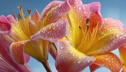 Close-up of colorful lilies with water droplets