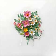 a side profile of a human head silhouette filled with colorful flowers and leaves on a pink background.