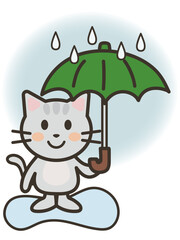 雨の日に傘を差すかわいい猫ちゃんのイラスト