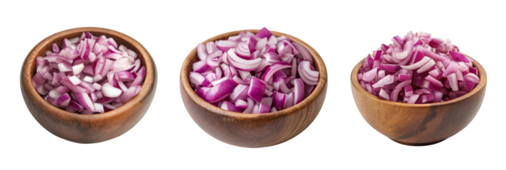 Wooden bowls filled with chopped red onions isolated on white background. Raw Red Onion Cubes in Wooden Dish Kitchen Preparation Isolated Image