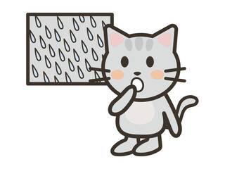 大雨に驚くかわいい猫ちゃんのイラスト