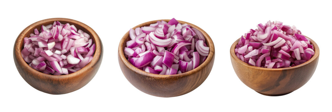 Wooden bowls filled with chopped red onions isolated on white background. Raw Red Onion Cubes in Wooden Dish Kitchen Preparation Isolated Image