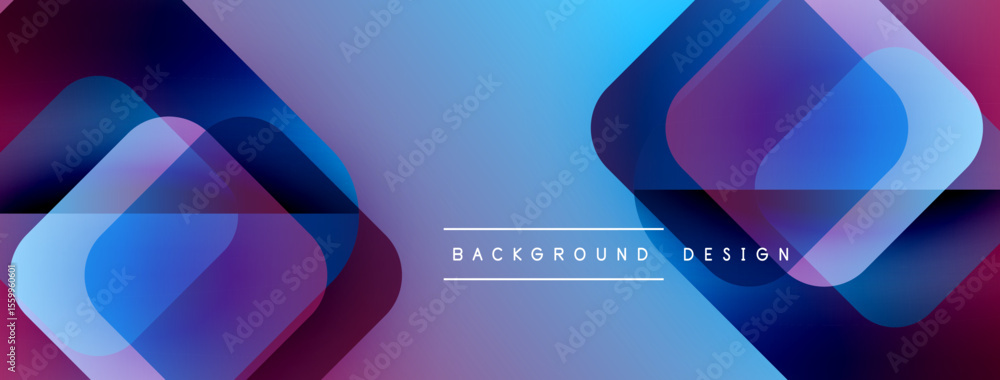 Poster abstract geometric shapes overlap, creating vibrant blue, purple gradients. modern design suitable f