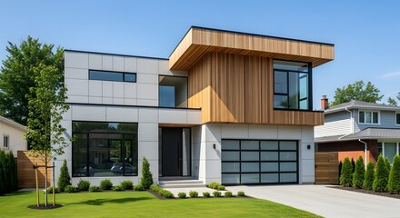 Modern house with wood and white paneling and a glass garage door on a sunny day with green lawn
