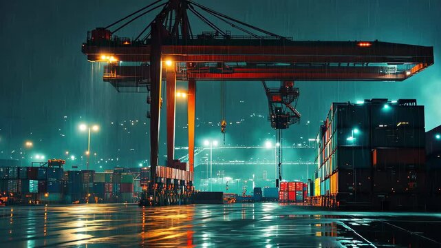 CCTV view of industrial machinery operating on a rainy night in a shipping yard, CCTV Industrial Machinery On Rainy Night
