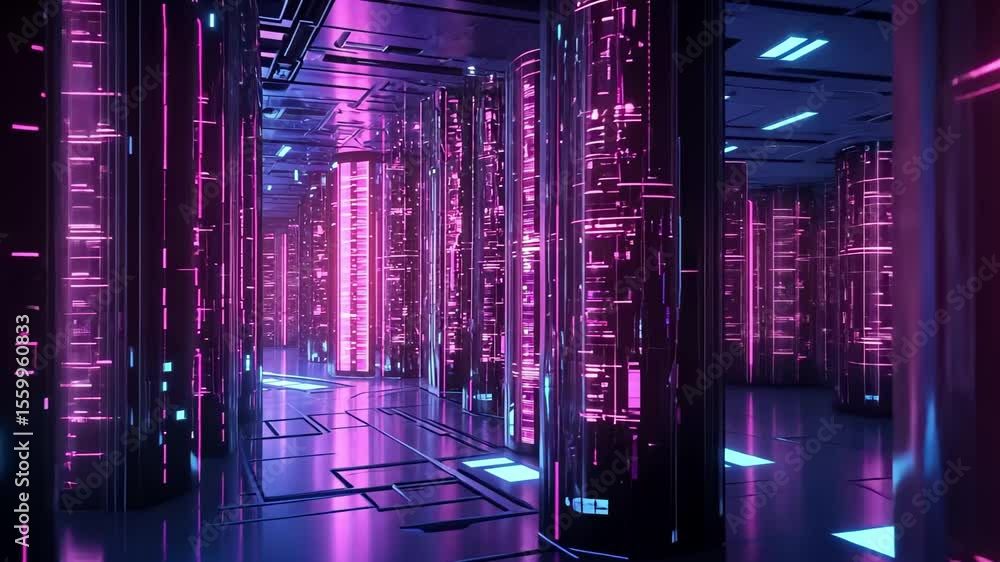 Poster exploration of vibrant data transfer pathways in a futuristic processing environment, vibrant visual