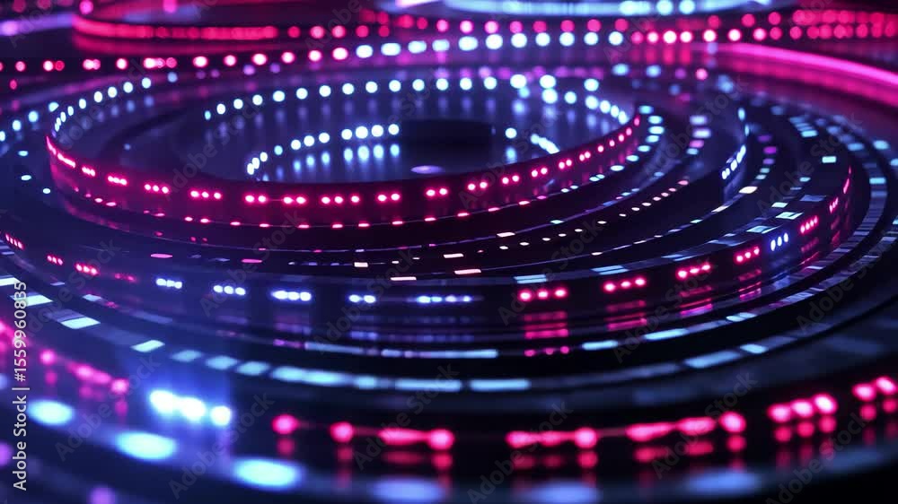 Poster complex circle mesh with leds creates a mesmerizing display of color and light in a futuristic setti