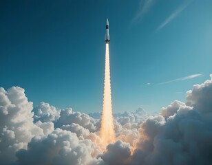 Rocket Launch Ascending Through Clouds Towards Space