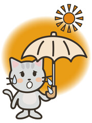 猛暑にうんざりして日傘を差すかわいい猫ちゃんのイラスト