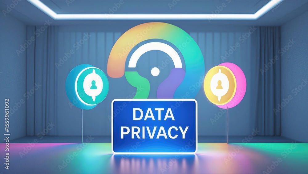Poster colorful data privacy concept displayed with illuminated symbols in a modern room