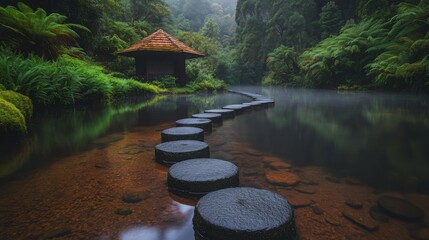 A tranquil pond reflects sunlight as stone stepping stones create a peaceful path through a verdant forest, providing a perfect spot for relaxation and meditation under a serene canopy.