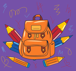 A vibrant vector illustration features an orange school backpack centered among a variety of colorful pencils. This artwork highlights the excitement of school supplies and learning