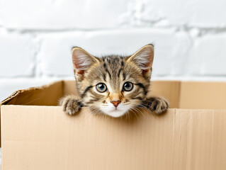 A playful and curious little kitten is peeking out from inside a cardboard box, nestled in a warm and inviting indoor space on a delightful sunny afternoon