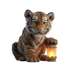 Obraz premium Adorable Tiger Cub with Illuminated Lantern