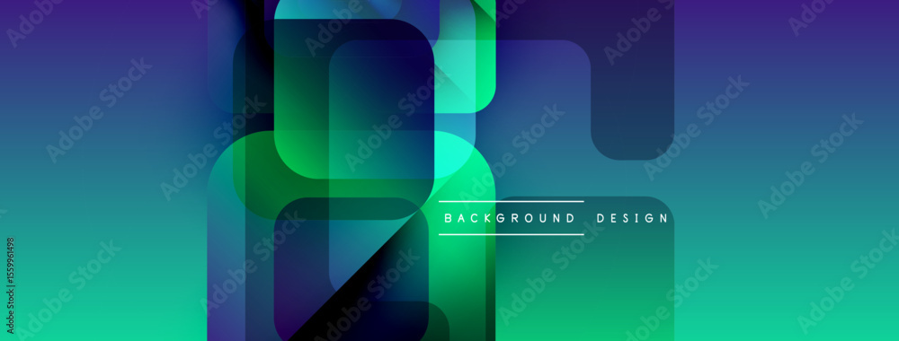 Poster abstract geometric shapes overlap, creating vibrant blue, green gradients. modern design suitable fo