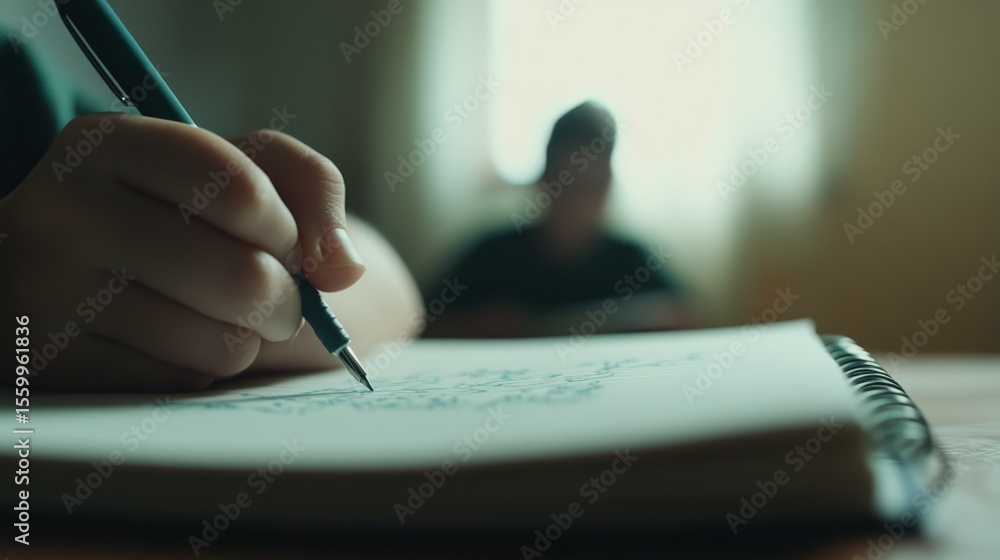 Aufkleber Close up of a student's hand writing in a notebook with a pen, another student blurred in the background, emphasizing the focus on learning and studying