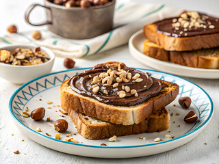 Tasty toast with chocolate hazelnut spread and nuts. Delicious food background