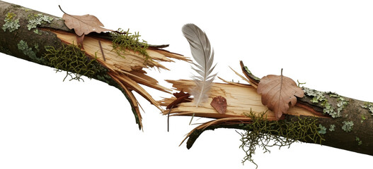 Fototapeta premium Broken tree branch with moss lichen leaves and feather wood forest nature transparent background