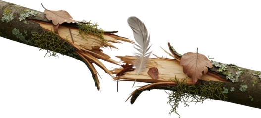 Broken tree branch with moss lichen leaves and feather wood forest nature transparent background