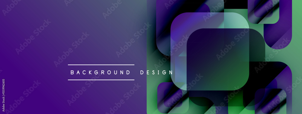 Poster Abstract purple green gradient background. Overlapping squares create modern design. Text reads background design. Simple, clean aesthetic.