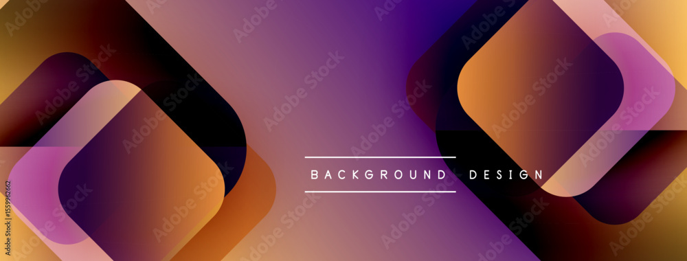 Poster abstract geometric shapes overlap, creating vibrant purple, orange gradients. modern design element 