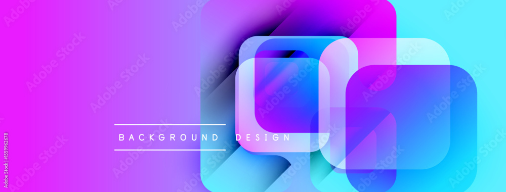 Fototapete Vibrant abstract background. Overlapping squares create dynamic visual effect. Gradient colorspurple, blue, pinkdominate composition. Modern design element.