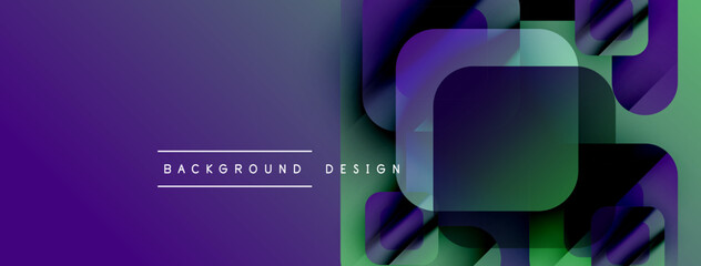 Abstract purple green gradient background. Overlapping squares create modern design. Text reads background design. Simple, clean aesthetic.