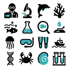 Aquatic Science Icons Depicting Marine Life, Research, and Exploration.