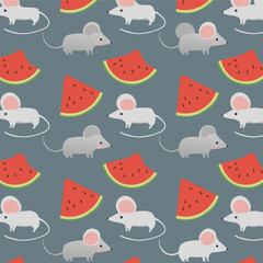 Delightful pattern showcasing charming mice and refreshing watermelon slices against a cool gray backdrop