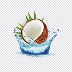 coconut and slices with transparent water splash
