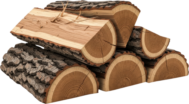 Stacked cut wood logs with rough bark and visible growth rings timber lumber transparent background