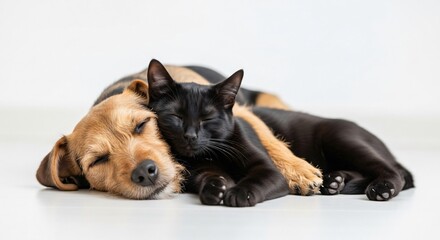 Adorable black cat and brown dog cuddling together, friendship concept. Perfect for pet adoption campaigns, veterinary clinics marketing, or animal welfare promotions.
