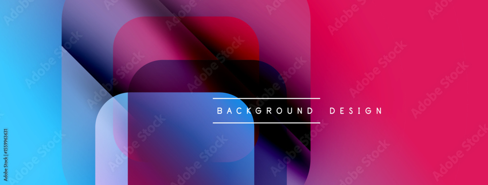 Poster abstract geometric shapes overlap. vivid blue, pink, purple hues blend. modern design elements creat