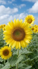 Fototapeta premium Golden sunflowers bask under whimsical azure skies, celebrating Helianthus Harvest Day and the unconventional art of sun worship