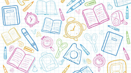 Illustration of school supplies scattered on a grid background with colorful hand drawn style elements