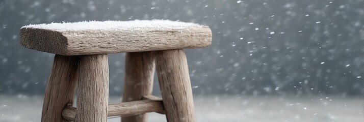 A rustic wooden stool, dusted in delicate snowflakes, conjures wintry solitude; echoes of Imbolc and hygge tranquility