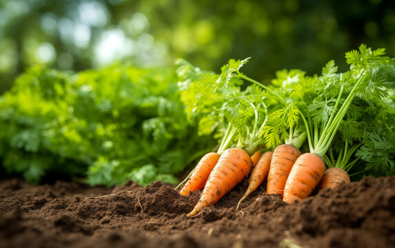 Freshly harvested carrots with green tops resting on dark brown garden soil