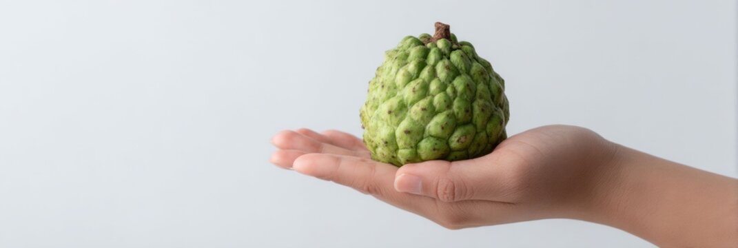 Hand cradles a bumpy cherimoya, echoing tropical harvest magic and Dia de los Muertos symbolic abundance, nourishment essence